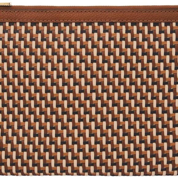 Wristlet Pouch Faux Leather Neutral Woven Small Zipper Wallet Accessory - Picture 1 of 4
